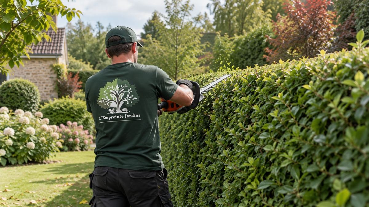 Jardinier de L'Empreinte Jardins taillant une haie