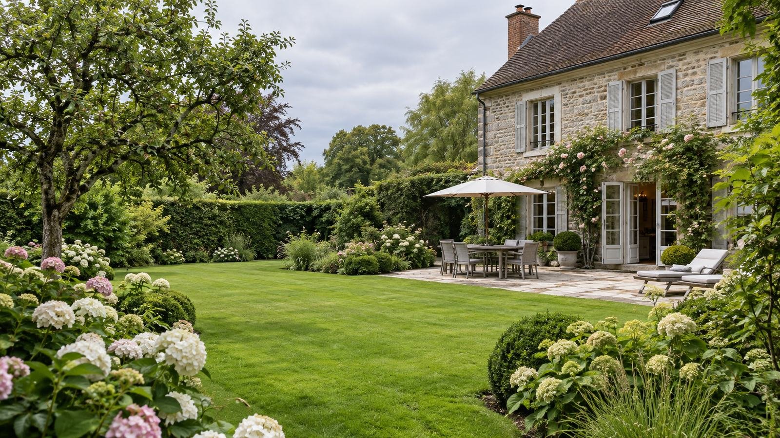 Jardin de maison en pierre avec pelouse, hortensias, haie taillée et terrasse ombragée